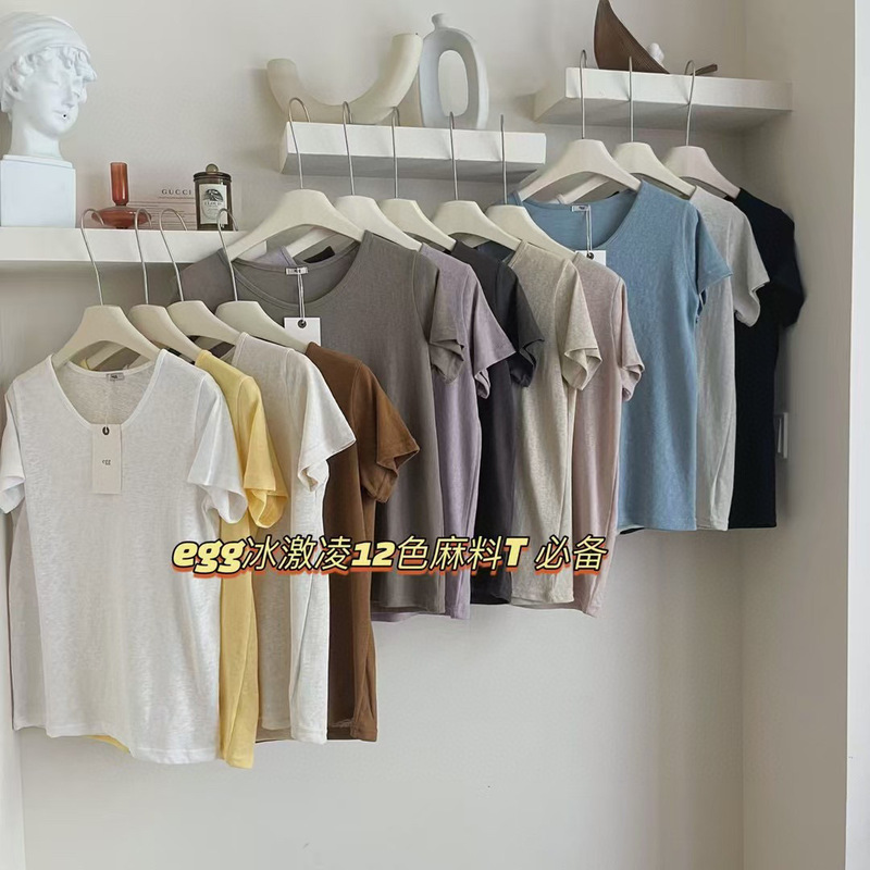 Korean Niche Brand Egg 12-Color Solid Color Basic Style High-Volume Linen Large Round Neck Short-Sleeve T-Shirt for Women Korean Niche Brand Egg 12-Color Solid Color Basic Style High-Volume Linen Large Round Neck Short-Sleeve T-Shirt for Women