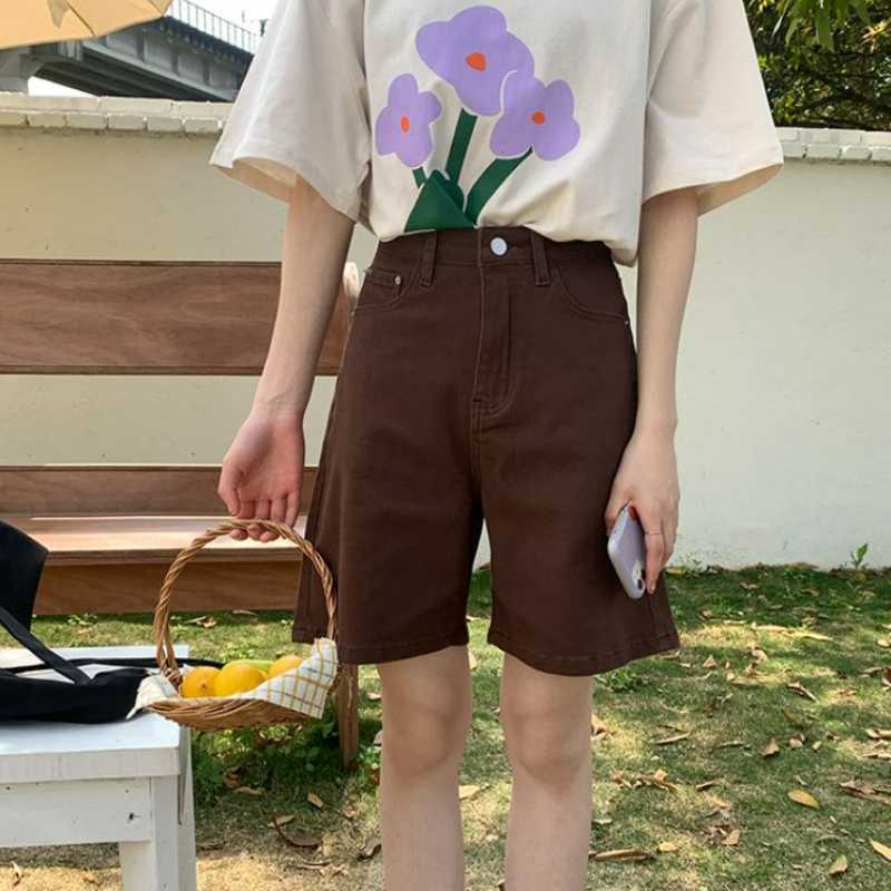 Summer High-Waisted Versatile Colorful Denim Shorts for Women, Straight-Leg Korean Style Casual Slimming Fresh Mid-Length Pants