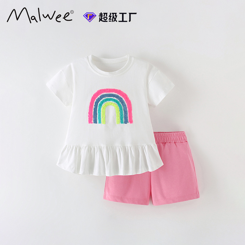 Especial transfronterizo para niñas malwee de dos piezas cuello redondo de manga corta verano nuevo traje europeo y americano para niños pequeños y medianos