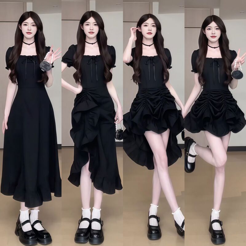 One Skirt, Four-Wear Short-Sleeved Dress, Waist Slimming, Ruffled Long Skirt, Thin Black Tomato Red Skirt for Commuting