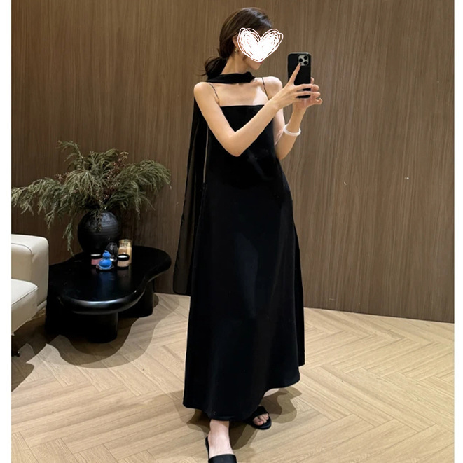 Acetate Dress with Ribbon Strap, Summer French Harajuku Style Simple Long Dress for Women, Patchwork Mid-Length Dress Acetate Dress with Ribbon Strap, Summer French Harajuku Style Simple Long Dress for Women, Patchwork Mid-Length Dress