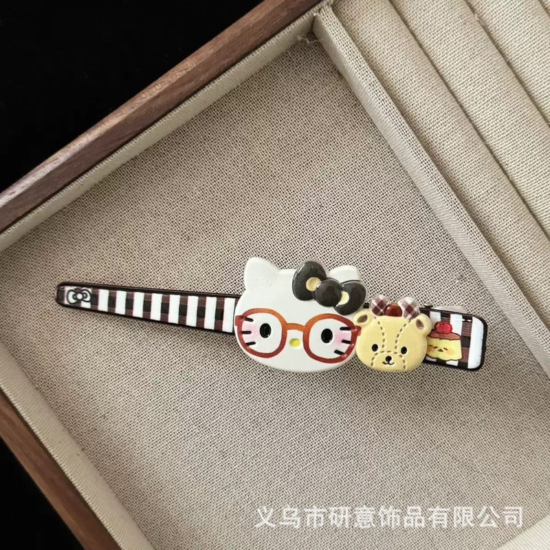 咖色系猫咪眼镜大号长条发夹卡通可爱女孩风碎发秋季网红对夹夹子|undefined