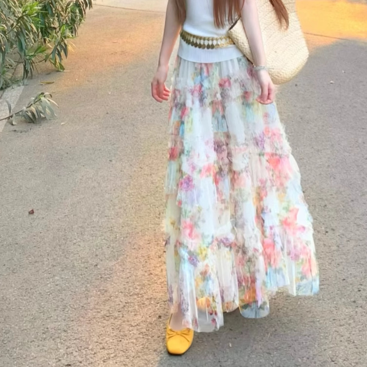 夏日绝美小套装女新款收腰短款短袖T恤碎花重工蛋糕半身裙两件套|undefined