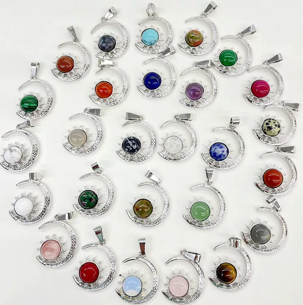 Cross-border hot Wholesale natural stone crystal agate semi-precious stone Moon Sun alloy inlaid pendant necklace jewelry