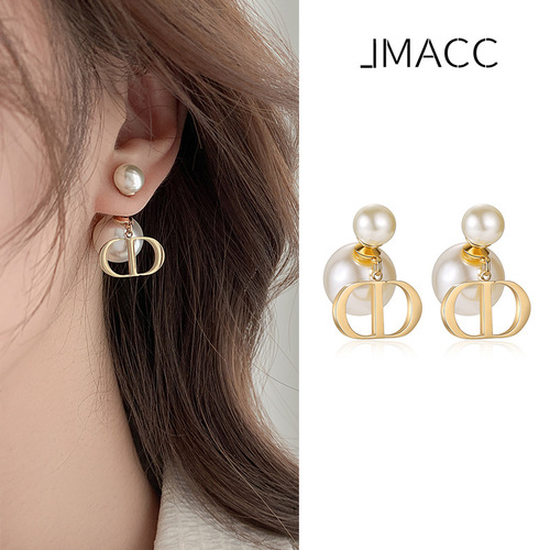New baby same style D Dijia front and rear CD pearl earrings women's 925 silver needle earrings high-end and atmospheric ear jewelry