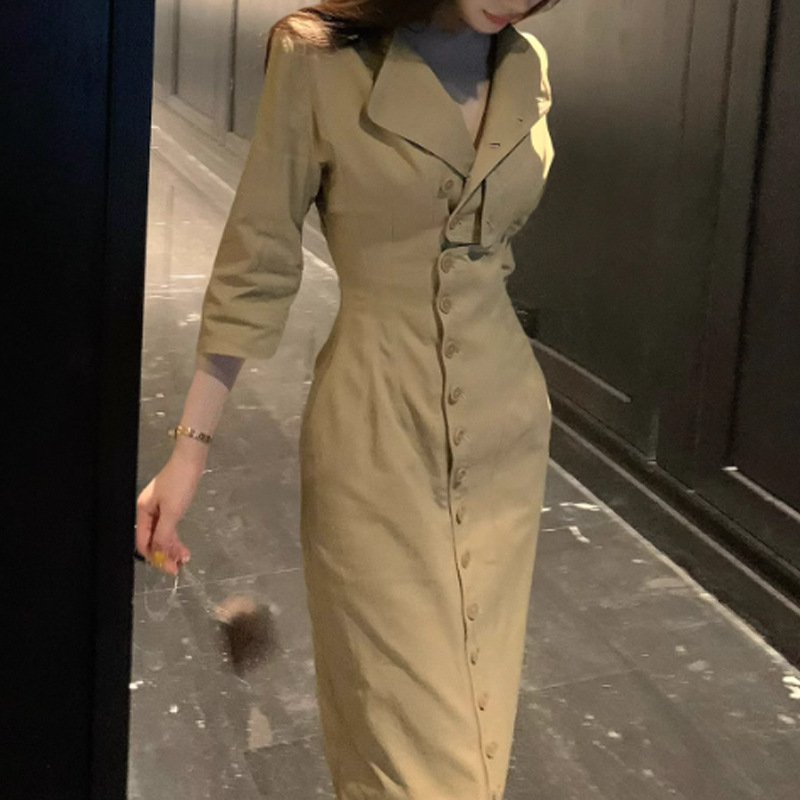 2025秋季新款气质时髦通勤单排扣收腰显瘦翻领长款连衣裙女长裙子|undefined