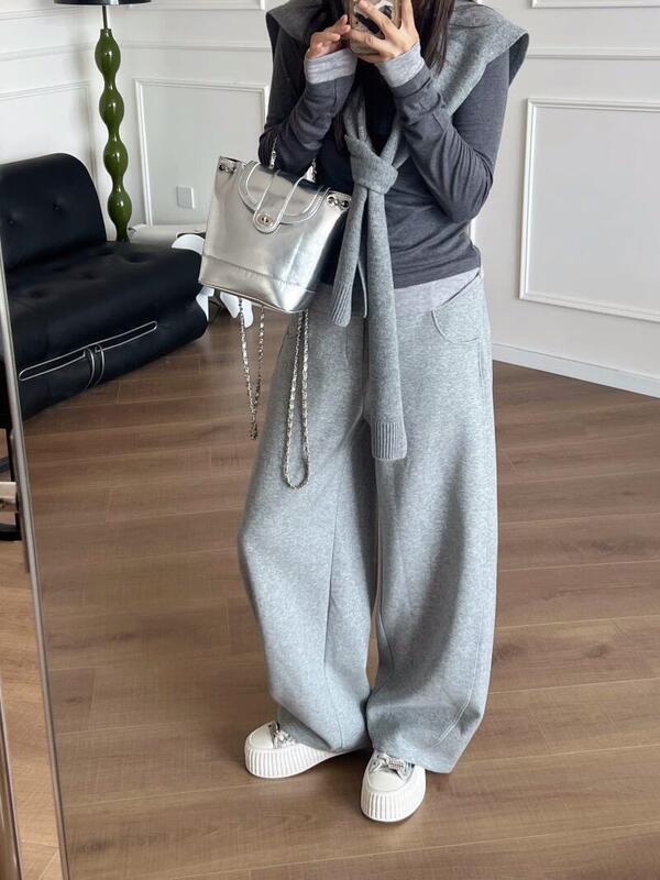 灰色卫裤女秋季新款弯刀裤弧形大码显瘦梨形身材阔腿宽松休闲裤子|undefined