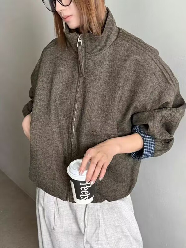 高端撞色格子袖口立领百搭宽松显瘦毛呢夹克女外套2025秋季新款潮|undefined