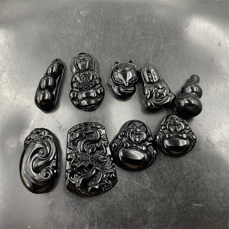Affordable Jade Natural Black Agate Guanyin Buddha Pendant Black Jade Green Bean Fox Ruyi