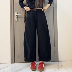 大码阔腿牛仔裤女秋冬2025新款高腰胖mm显瘦宽松卷边直筒老爹裤子