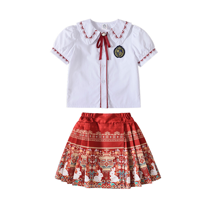 소녀를위한 말 얼굴 스커트 2024 세트 새로운 여름 고급 어린이 한푸 국가 스타일 공연 의류 학교 초등 및 중등 학생을위한 유니폼