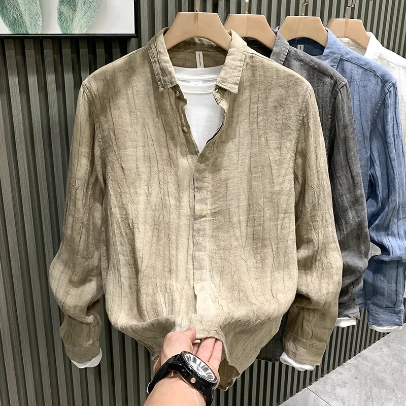 Linen High-End Pleated Long-Sleeved Shirt for Men in Autumn and Winter, Retro Breathable No-Iron Cotton and Linen Shirt, Thin Jacket