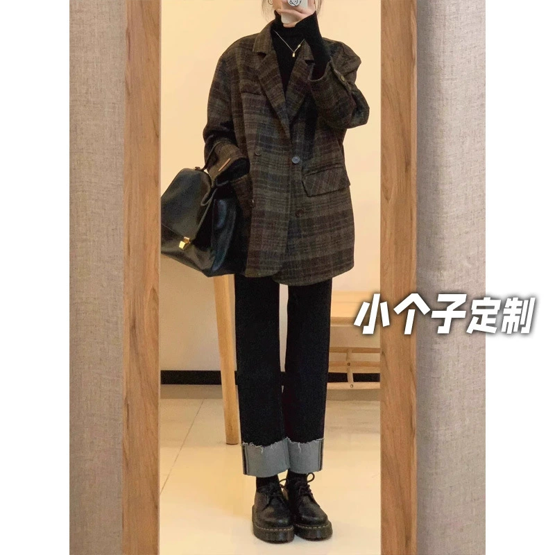 150 маленьких коротких шерстяных пальто в клетку женские осенние и зимние ретро шерстяные шерстяные куртки высокого уровня чувство короткий костюм топ