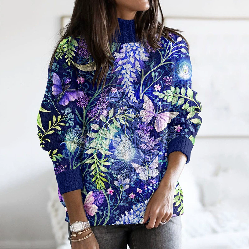 Новый популярный осенне-зимний свободный свитер-водолазка с заниженной линией плеча, напечатанный на 3D-принтере, в европейском и американском стиле, для женщин