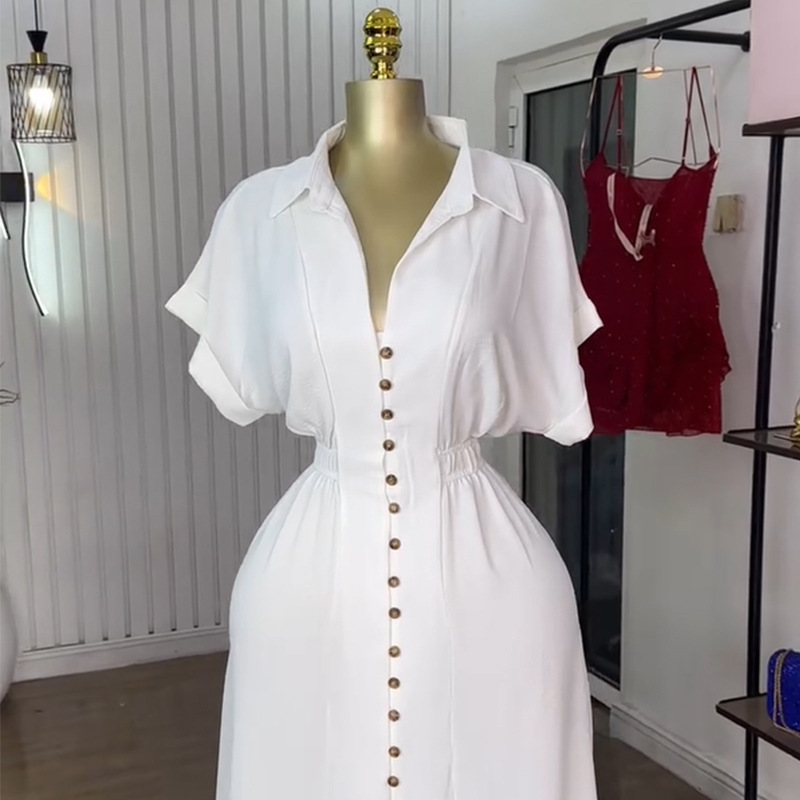 Women's Clothing Summer Fashion Shirt Dress American Style Lapel Short Sleeved Single Breasted Waist Cut Slit_ecoleips.com