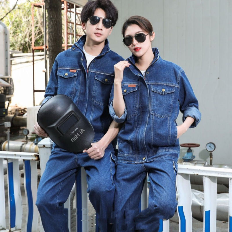 清風夏用デニム作業服 メンズ 耐熱 耐摩耗 耐汚れ 自動車修理工場服 長袖 溶接服 労働保護服セット|undefined