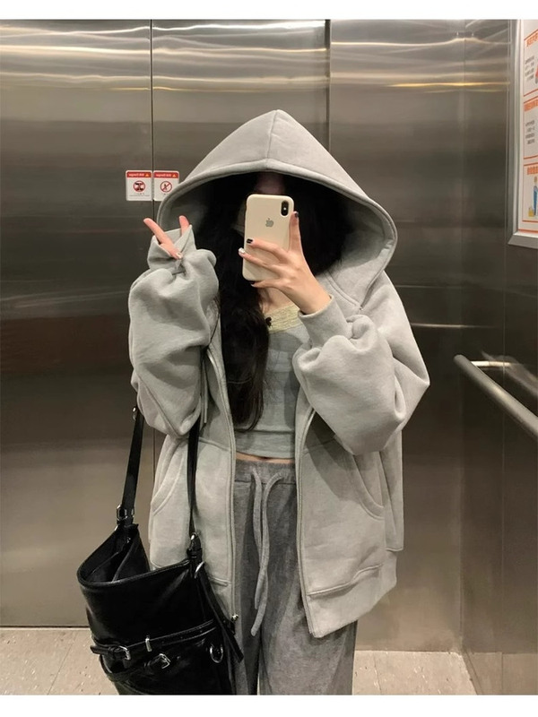 灰色卫衣拉链外套女春秋2025新款早秋穿搭大帽子chic韩系连帽上衣|undefined