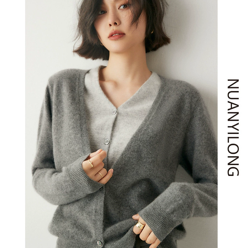 Женский кардиган в гонконгском стиле из 100% шерсти, вязаный, с V-образным вырезом, цветными блоками, имитация двухслойного свитера, коллекция 2025 года