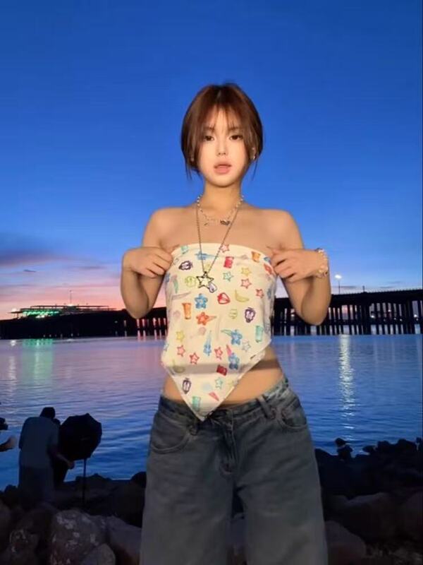 彩色夏日满印小糖果抹胸背心女夏外穿内搭海边度假风辣妹方巾上衣|undefined