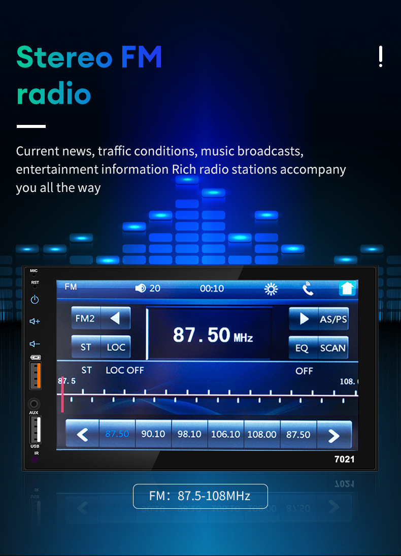 7101 Car Mp5 Bluetooth Player with High-Definition Touch Screen, Reversing Image, Fm Radio, Dual USB Ports