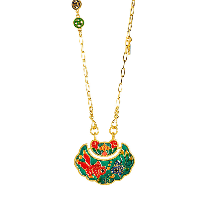 Gufa Sha dorado azul esmalte color Ruyi cerradura Koi collar estilo palacio retro no se desvanece joyas de aleación de cobre