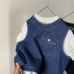 GL-kids Korean style children's front and back vest, sleeveless soft denim vest for boys and girls, pocket pullover top