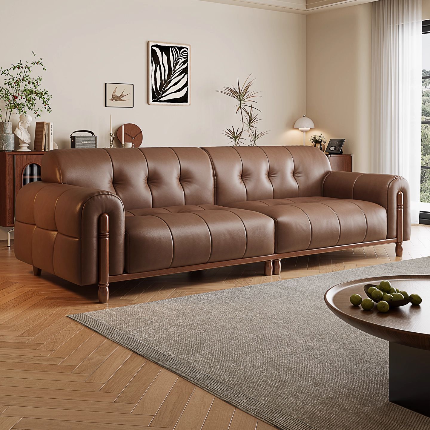 New Chinese-Style Living Room Small Apartment Retro Top-Layer Cowhide Sofa Simple Modern Cloud Leather Art Sofa Home Straight Row
