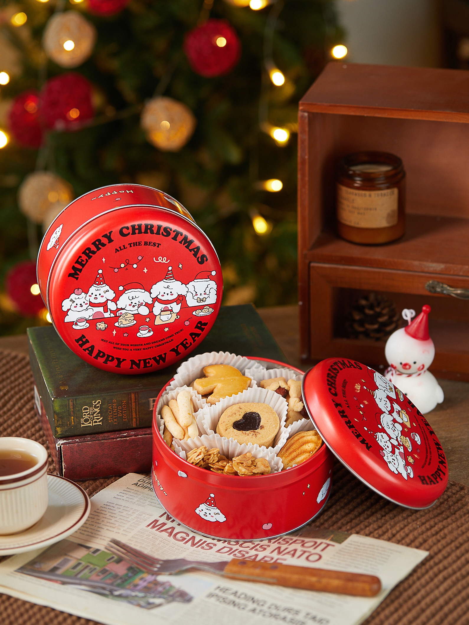 Navidad creativa galletas de cacao croquete cajas de embalaje de caramelo taffy tortilla de nieve redonda caja de hierro