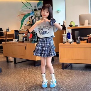 New Style Available for Girls Short-Sleeved T-Shirt Summer Suit 2025 Summer New Trendy Kidsren's Casual Girl Plaid