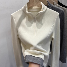 欧美风拼色半拉链立领长袖T恤女秋冬内搭外穿修身德绒打底衫上衣