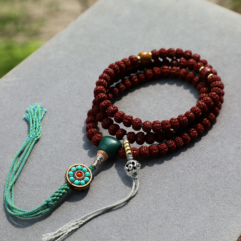 9mm Machine Brushed Five-Petal Jadeized Small Rudraksha 108 Buddha Beads Men's and Women's Bracelets