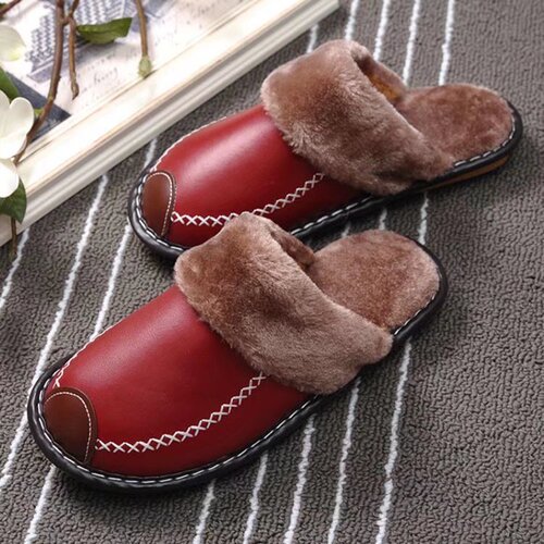 Warm-thick-soled indoor home slippers, Korean-style, for men and women, couple's leather slippers