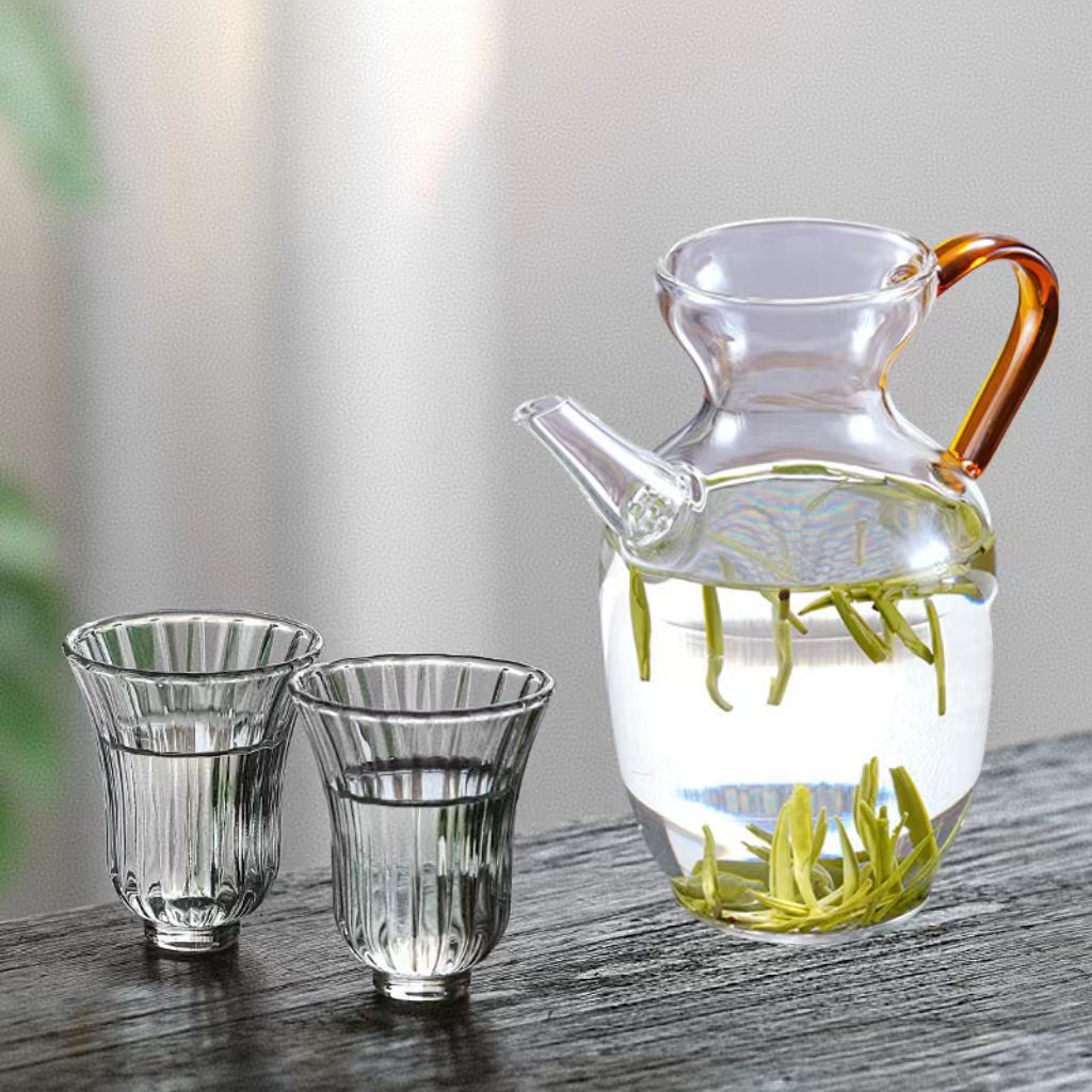 Amber handle small morning green teapot + 2 flower god cups