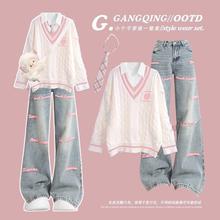 韩系学院风穿搭巨好看的多巴胺毛衣女秋季2025新款小个子牛仔裤子