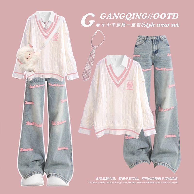 韩系学院风穿搭巨好看的多巴胺毛衣女秋季2025新款小个子牛仔裤子