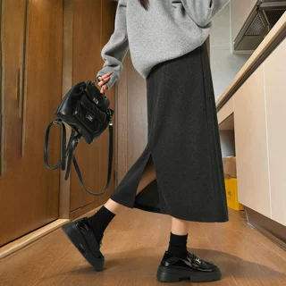灰色毛呢半身裙女2026新款秋季高腰a字半裙中长款针织开叉包臀裙