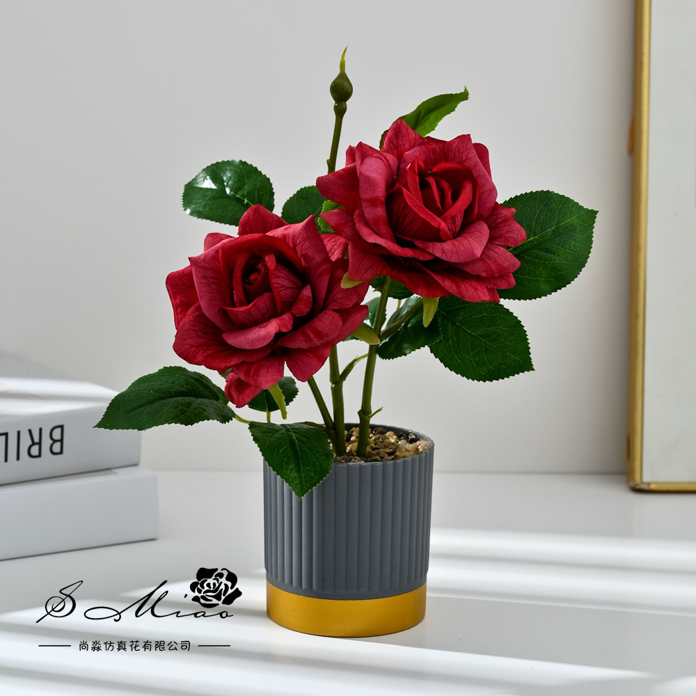 Transfronterizo dos grandes rosas bonsai moda imitación maceta flores falsas decoración del hogar fotografía ornamentos de flores artificiales de boda