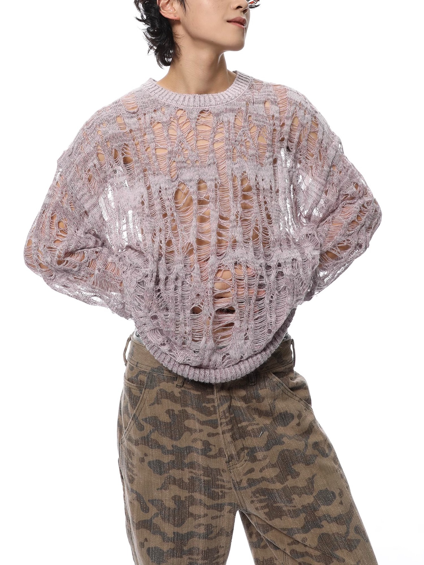 Diseño de nicho sensación de hollow overhead suéter hombre relajado casual versátil perezoso agujero jersey top