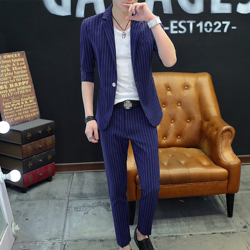 Obcy Fashion Young Men's Summer Three-Quarter Sleeve Suit Men's Korean Style Two-Piece Suit Work Clothing Style