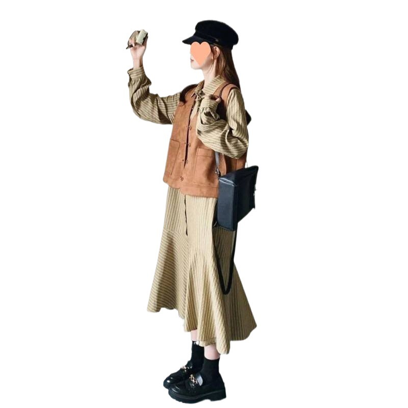 开春穿搭一整套2025春季新款长袖条纹衬衫连衣裙套装女马甲两件套|undefined