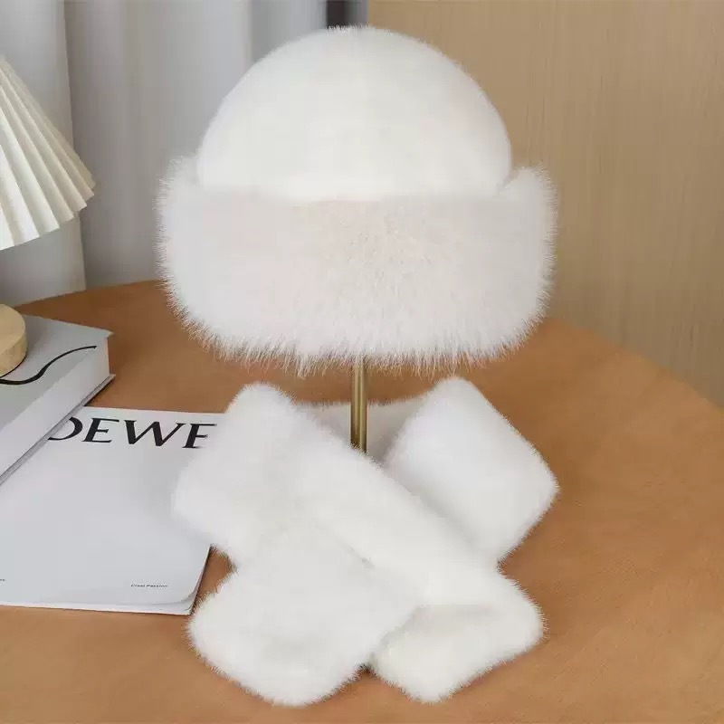 Cross-Border Mongolian Hat and Scarf Set, Faux Mink Fur, Versatile Scarf and Hat for Women, Autumn and Winter, High-End Feel, Cross-Over Design, Warm and Protective