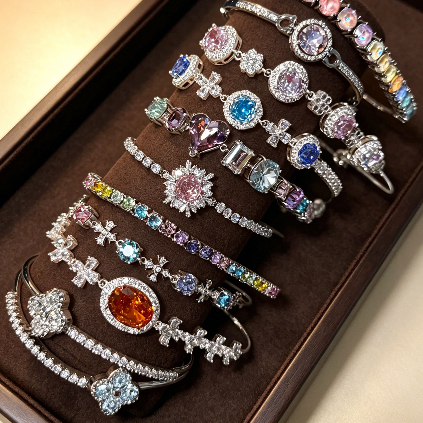 Pulseras de zircón de cristal suaves y lujosas brillan con una sensación de alto nivel de lujo, pulseras de atmósfera refinada, joyas de mano.