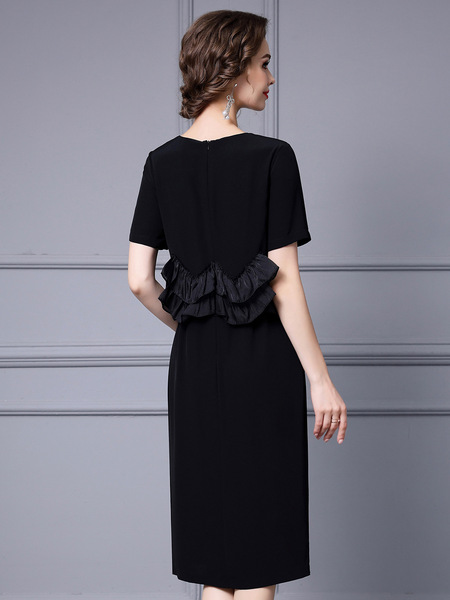 Zhili Black Young Mom High Waist Skirt 3D Ruffle Edge Spliced Short Sleeve Acetic Acid Dress 2024 Summer
