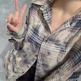 美式复古格子衬衫女秋季破坏长袖开衫cleanfit外套宽松情侣上衣潮