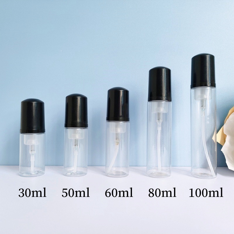 30 dientes PET mousse transparente botella 30ml100ml limpiador facial espuma botella champú espuma botella de pie en stock