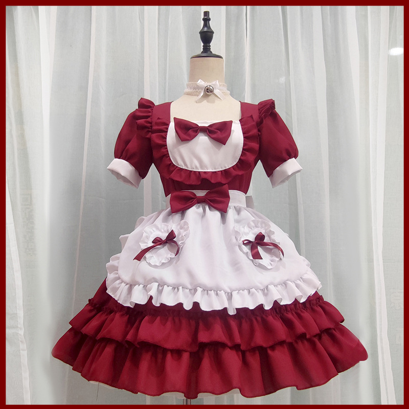 Original [Under the Moon] Japanese sexy cream sweetheart maid outfit red pure Lolita dress 