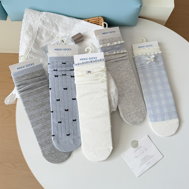 Women's Socks for Spring and Summer, Blue Sea Salt Style, Lace Ruffle Design, Loose Cuff, Mid-Calf Length, Korean Minimalist Style Cotton Socks