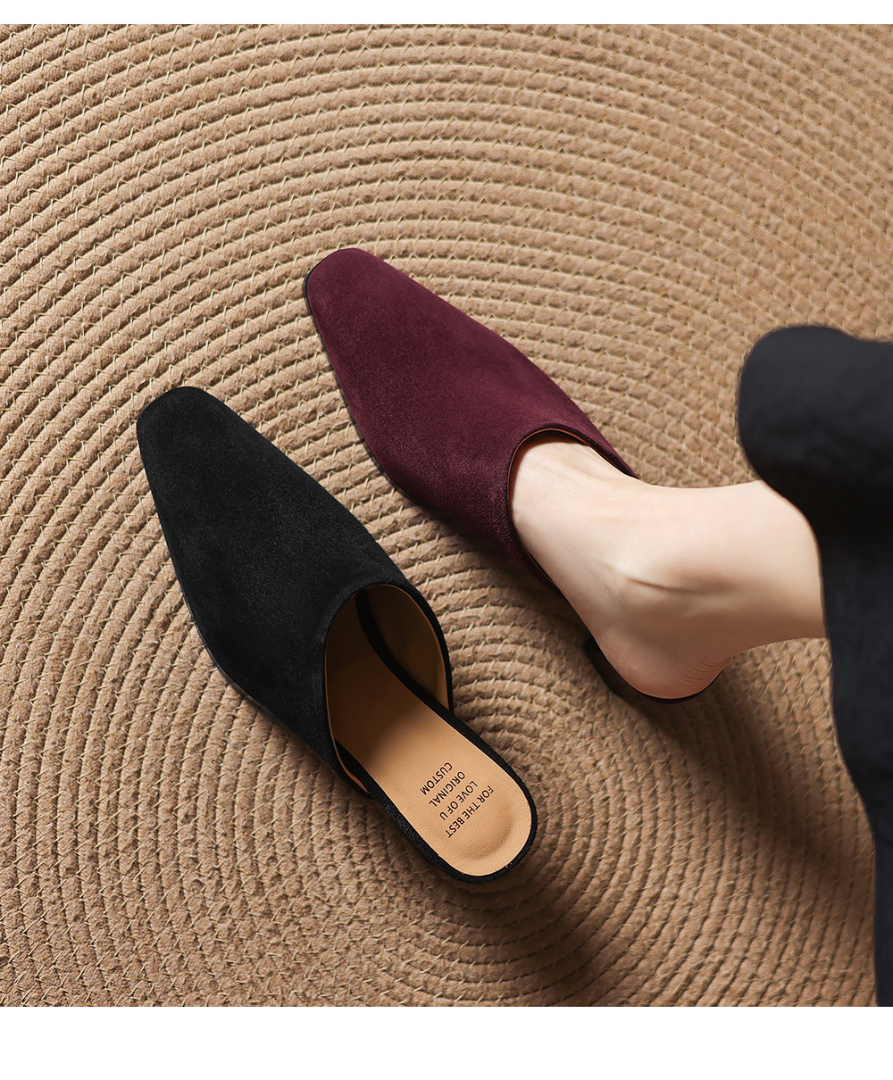 Sandal cao gót nữ mũi vuông da lộn, gót 7 cm, kiểu dáng nửa kéo — đen chi tiết 2