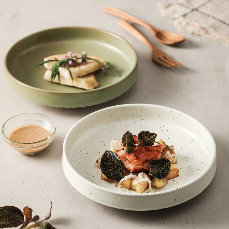 Japanese Ceramic Deep Plate Creative Plate Household Dish Plate Retro Stoneware Tableware Dinner Plate Salad Plate Pasta Plate Rice Plate