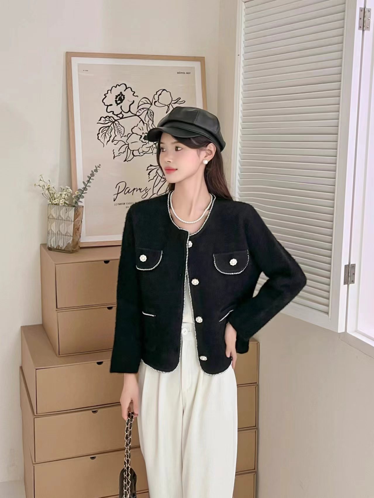 Famous estilo de mujer francesa pequeña fragancia cardigan de punto de mujer otoño y invierno 2024 nuevo cuello redondo manga larga suéter de abrigo image 5